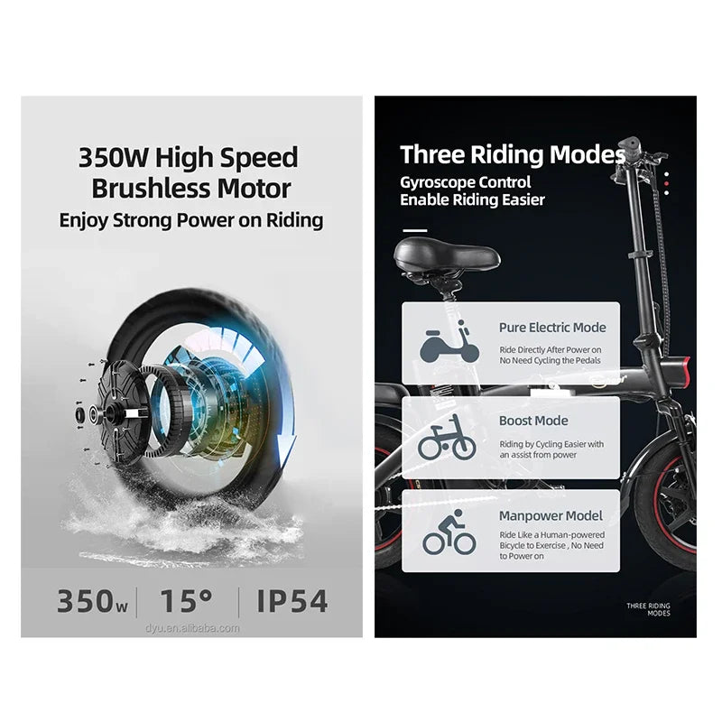 DYU A5 Foldable Electric Bike | 7.5 Ah | 24 Miles | 15 Mph - Black - SparkoBikes