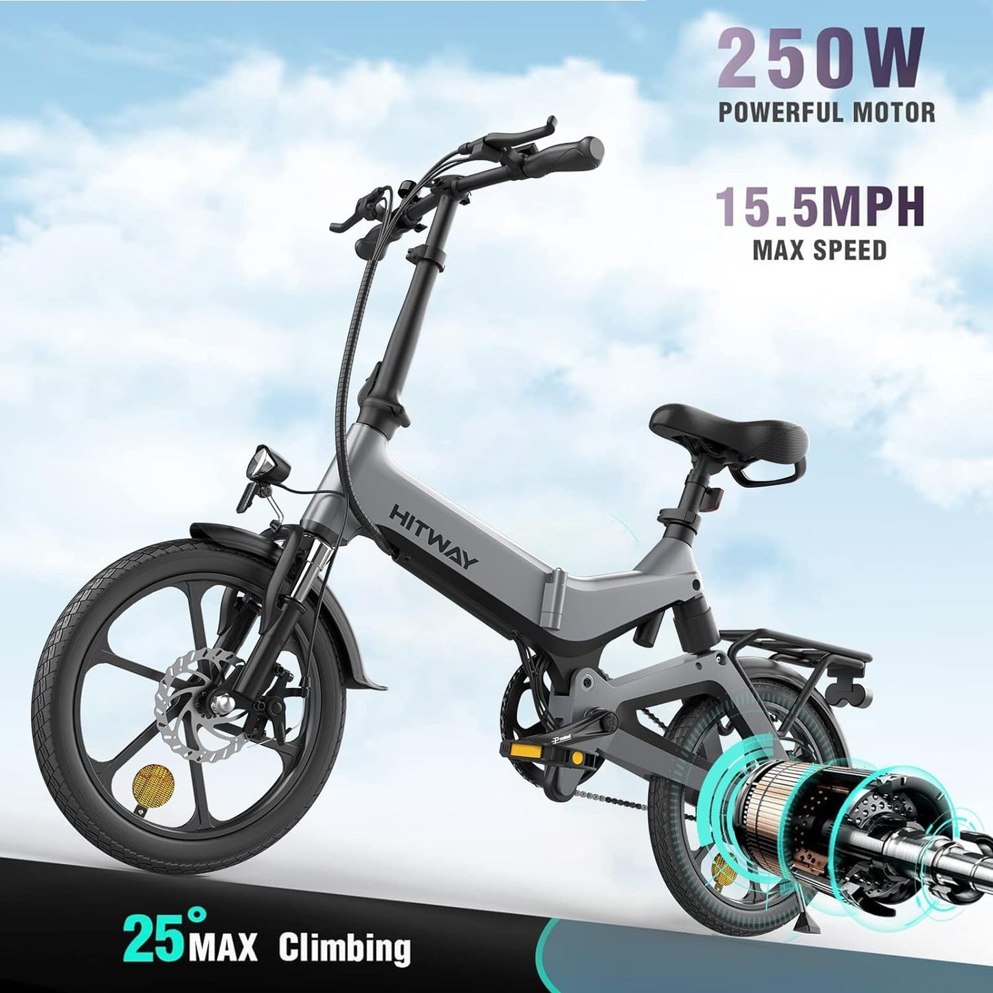 BK2 Hitway Folding Electric Bike | 7.8Ah | 31 miles | 15.5 Mph - Grey / Black Green - SparkoBikes
