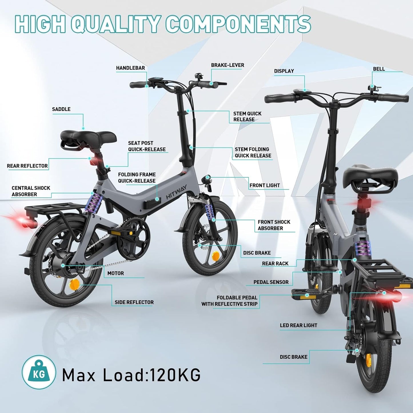 BK2 Hitway Folding Electric Bike | 7.8Ah | 31 miles | 15.5 Mph - Grey / Black Green - SparkoBikes