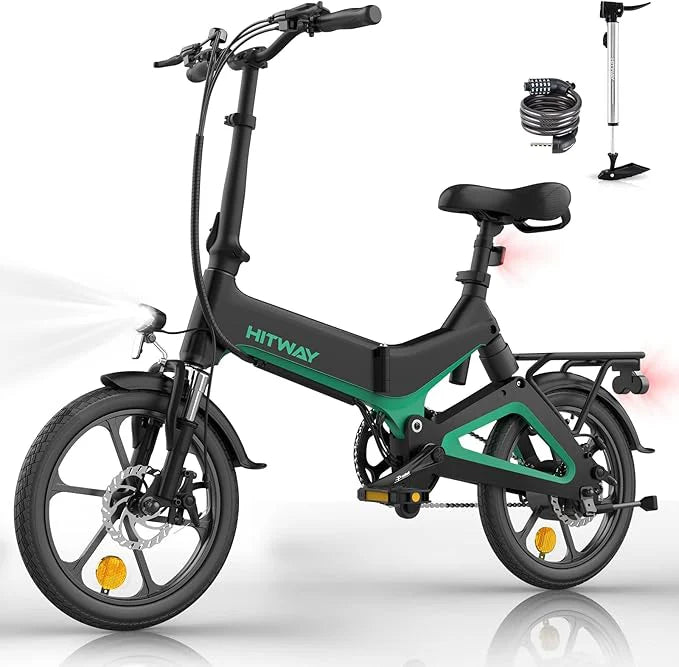 BK2 Hitway Folding Electric Bike | 7.8Ah | 31 miles | 15.5 Mph - Grey / Black Green - SparkoBikes