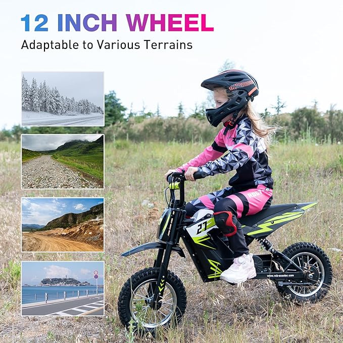 RCB R9X Electric Motorcycle for Kids, 12 Inch Tires, Powerful Motor, 3 Modes 8/12/25KMH, Maximum Range 15KM, Motocross for Kids 3-12 Years Old - SparkoBikes