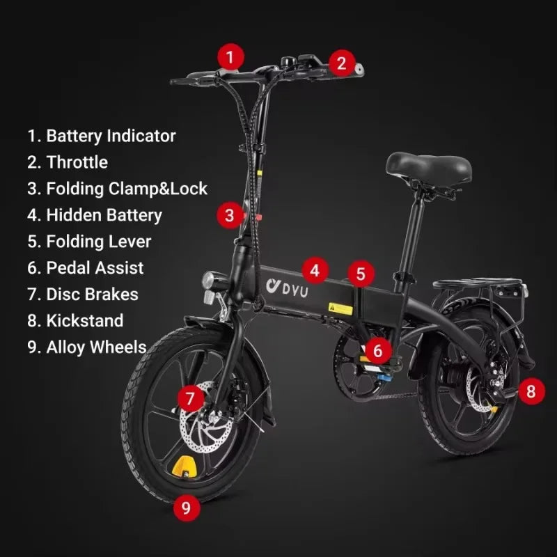 DYU A1F Electric Bike | 7.5 Ah | 18 miles | 12 Mph - Black - SparkoBikes