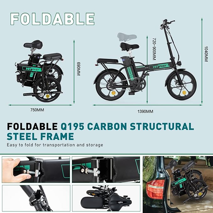 Hitway Bk5 Best Folding Electric Bike | 8.4Ah | 31miles | 15.5Mph - Green/White - SparkoBikes