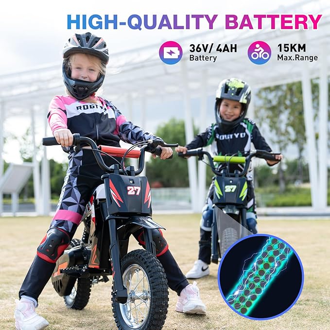 RCB R9X Electric Motorcycle for Kids, 12 Inch Tires, Powerful Motor, 3 Modes 8/12/25KMH, Maximum Range 15KM, Motocross for Kids 3-12 Years Old - SparkoBikes